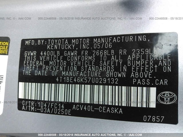 4T1BE46K57U029132 - 2007 TOYOTA CAMRY NEW GENERAT CE/LE/XLE/SE SILVER photo 9