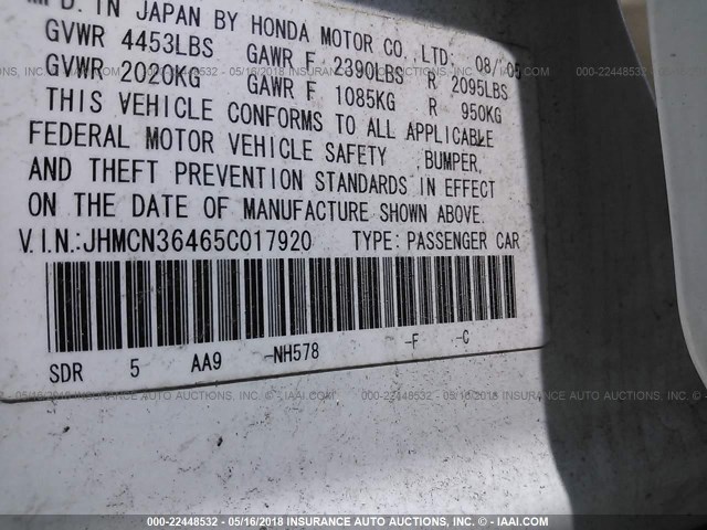 JHMCN36465C017920 - 2005 HONDA ACCORD HYBRID WHITE photo 9