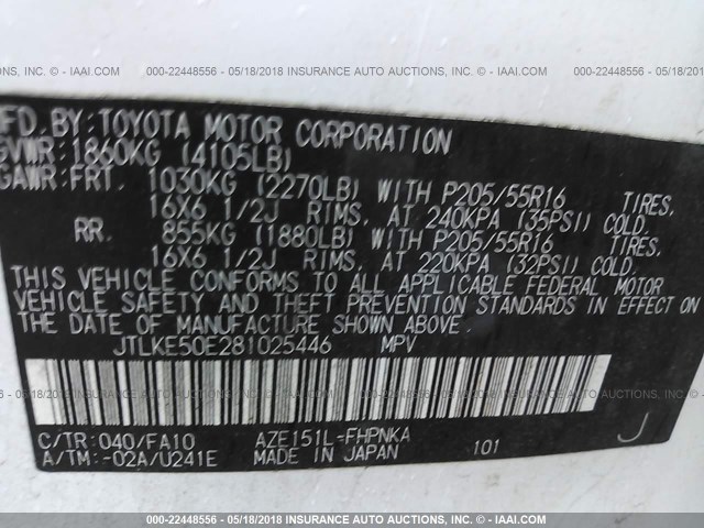 JTLKE50E281025446 - 2008 TOYOTA SCION XB WHITE photo 9