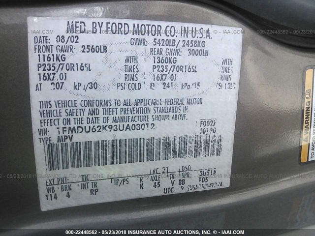 1FMDU62K93UA03012 - 2003 FORD EXPLORER XLS/XLS SPORT GOLD photo 9