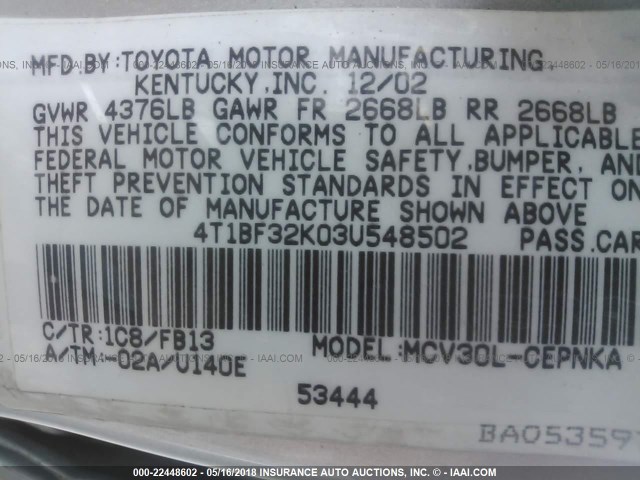 4T1BF32K03U548502 - 2003 TOYOTA CAMRY LE/XLE/SE SILVER photo 9