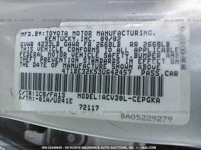 4T1BE32K53U642457 - 2003 TOYOTA CAMRY LE/XLE/SE SILVER photo 9