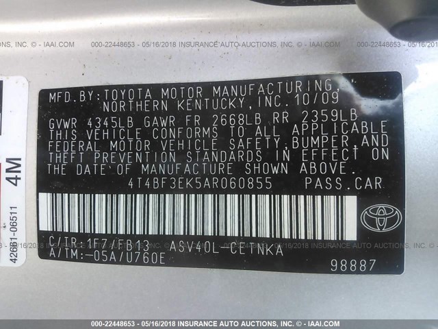 4T4BF3EK5AR060855 - 2010 TOYOTA CAMRY SE/LE/XLE SILVER photo 9