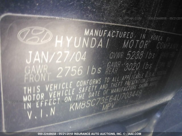 KM8SC73E64U703449 - 2004 HYUNDAI SANTA FE GLS/LX BLUE photo 9