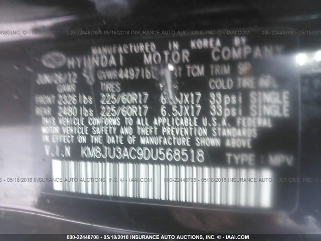 KM8JU3AC9DU568518 - 2013 HYUNDAI TUCSON GLS/LIMITED 黑色 照片 9