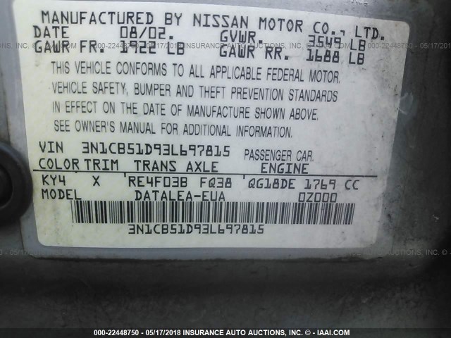 3N1CB51D93L697815 - 2003 NISSAN SENTRA XE/GXE BLUE photo 9