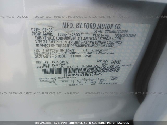 1FAHP24W18G164679 - 2008 FORD TAURUS SEL WHITE photo 9