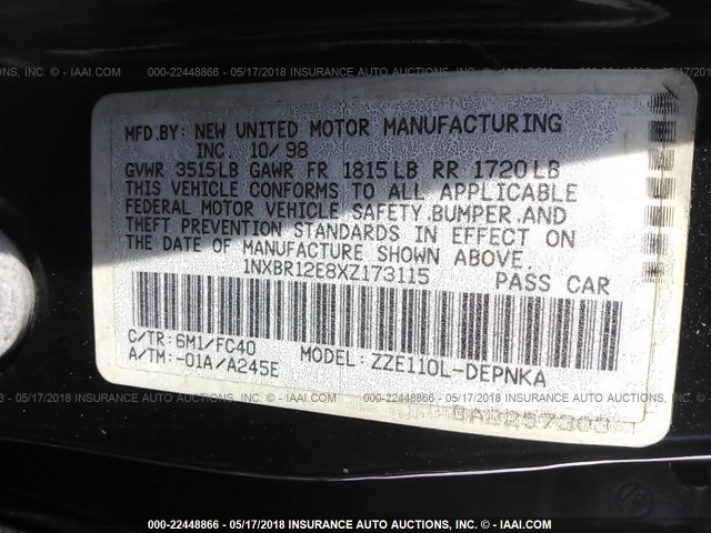 1NXBR12E8XZ173115 - 1999 TOYOTA COROLLA VE/CE/LE BLACK photo 9