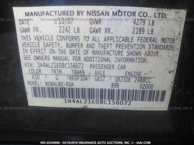 1N4AL21E08C156072 - 2008 NISSAN ALTIMA 2.5/2.5S GRAY photo 9