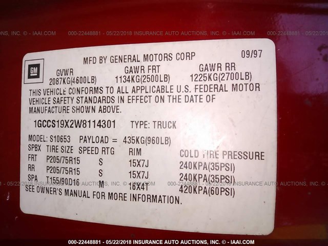 1GCCS19X2W8114301 - 1998 CHEVROLET S TRUCK S10 RED photo 9