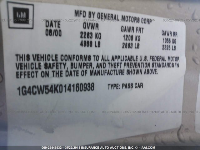 1G4CW54K014160938 - 2001 BUICK PARK AVENUE  GRAY photo 9