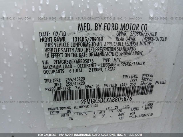 2FMGK5DCXABB05876 - 2010 FORD FLEX LIMITED WHITE photo 9