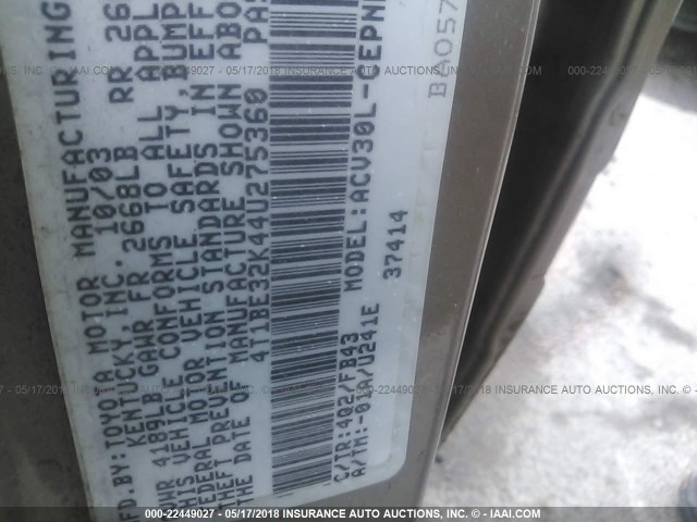 4T1BE32K44U275360 - 2004 TOYOTA CAMRY LE/XLE/SE ოქროსფერი ფოტო 9