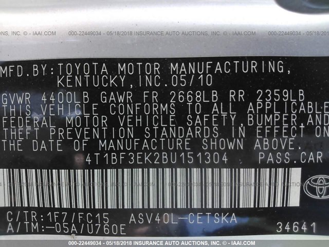 4T1BF3EK2BU151304 - 2011 TOYOTA CAMRY SE/LE/XLE 银色 照片 9