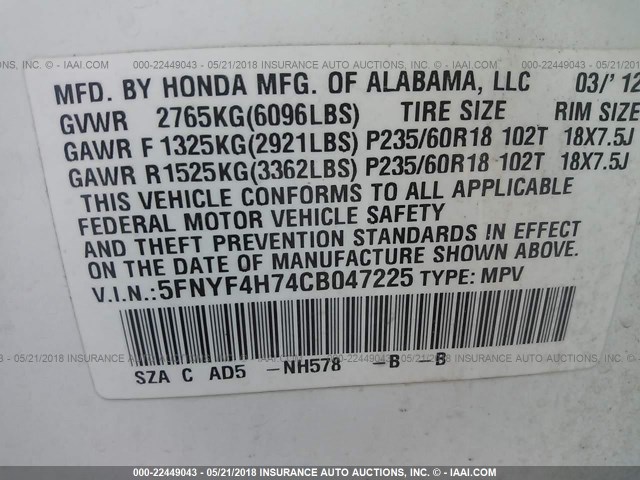 5FNYF4H74CB047225 - 2012 HONDA PILOT EXLN WHITE photo 9