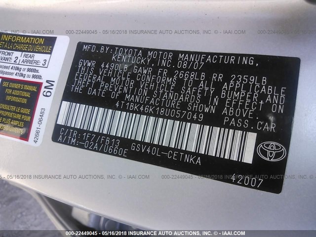 4T1BK46K18U057049 - 2008 TOYOTA CAMRY LE/XLE/SE ვერცხლისფერი ფოტო 9