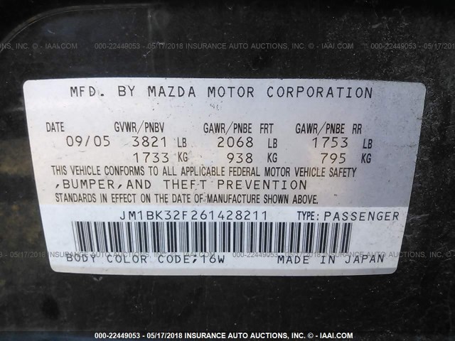 JM1BK32F261428211 - 2006 MAZDA 3 I BLACK photo 9