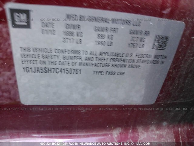 1G1JA5SH7C4150761 - 2012 CHEVROLET SONIC LS 红色 照片 9