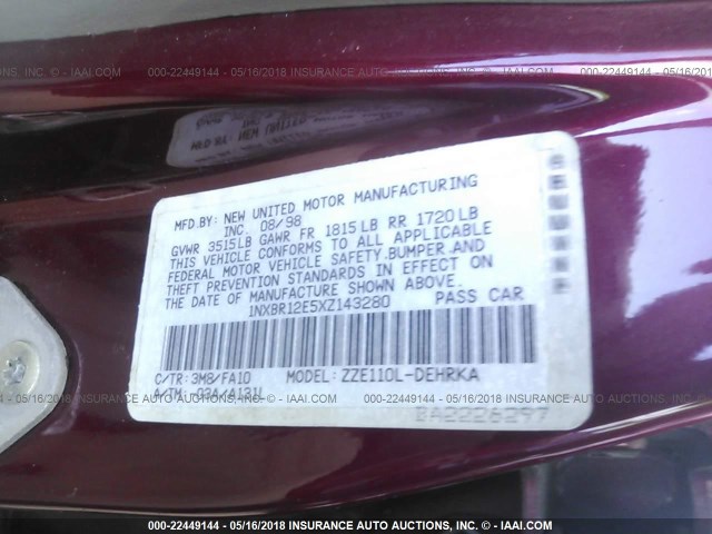 1NXBR12E5XZ143280 - 1999 TOYOTA COROLLA VE/CE/LE 勃艮第红 照片 9