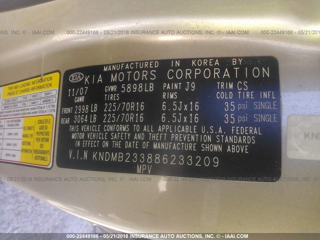 KNDMB233886233209 - 2008 KIA SEDONA EX/LX GOLD photo 9