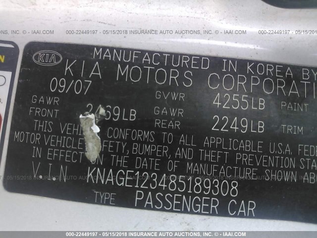 KNAGE123485189308 - 2008 KIA OPTIMA LX/EX SILVER photo 9