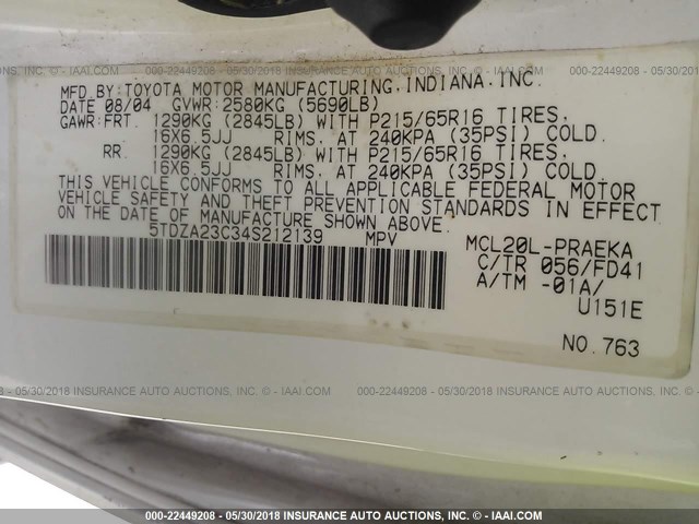 5TDZA23C34S212139 - 2004 TOYOTA SIENNA CE/LE WHITE photo 9