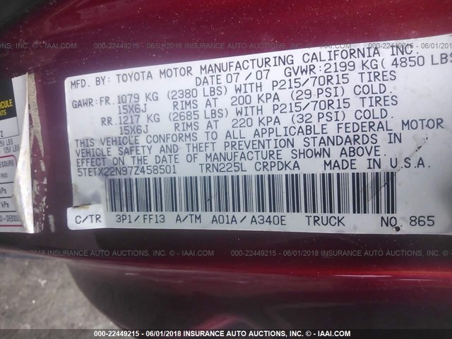 5TETX22N97Z458501 - 2007 TOYOTA TACOMA ACCESS CAB Rot Foto 9