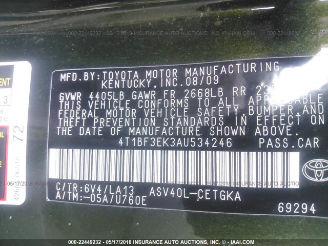 4T1BF3EK3AU534246 - 2010 TOYOTA CAMRY SE/LE/XLE GREEN photo 9