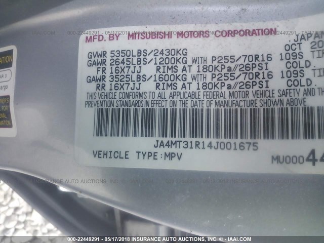 JA4MT31R14J001675 - 2004 MITSUBISHI MONTERO SPORT XLS SILVER photo 9