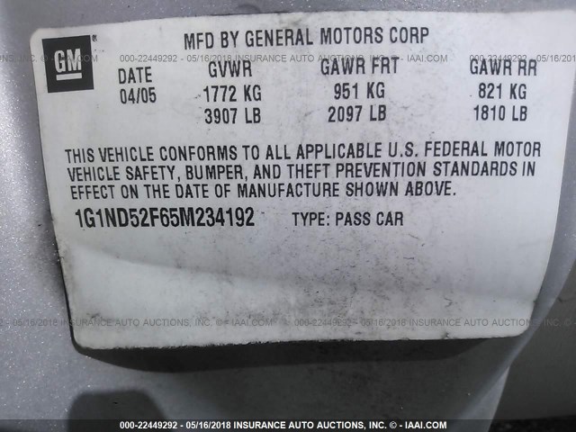 1G1ND52F65M234192 - 2005 CHEVROLET CLASSIC SILVER photo 9