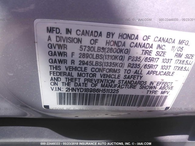 2HNYD18986H511325 - 2006 ACURA MDX TOURING SILVER photo 9