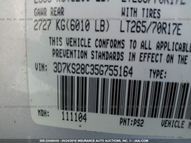 3D7KS28C35G755164 - 2005 DODGE RAM 2500 ST/SLT 银色 照片 9