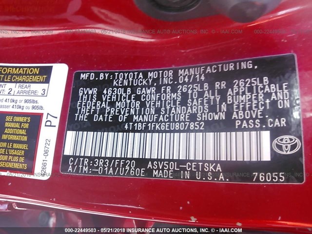 4T1BF1FK6EU807852 - 2014 TOYOTA CAMRY L/SE/LE/XLE RED photo 9