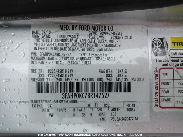 3FAHP0KC7BR147527 - 2011 FORD FUSION SPORT SILVER photo 9