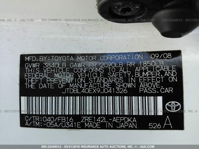 JTDBL40EX9J041326 - 2009 TOYOTA COROLLA LE/XLE WHITE photo 9