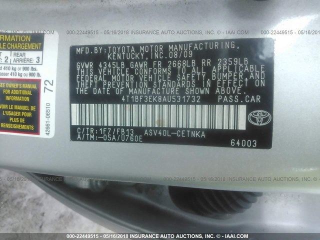 4T1BF3EK8AU531732 - 2010 TOYOTA CAMRY SE/LE/XLE 银色 照片 9