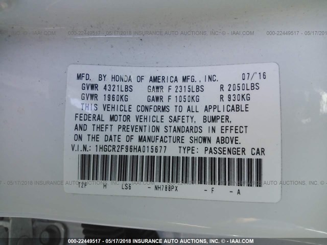 1HGCR2F96HA015677 - 2017 HONDA ACCORD EXL WHITE photo 9