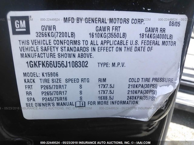 1GKFK66U56J108302 - 2006 GMC YUKON XL DENALI BLACK photo 9