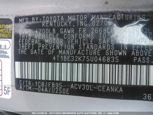 4T1BE32K75U046835 - 2005 TOYOTA CAMRY LE/XLE/SE ვერცხლისფერი ფოტო 9