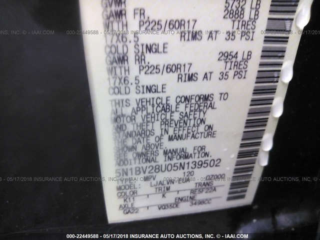 5N1BV28U05N139502 - 2005 NISSAN QUEST S/SE/SL Pewter photo 9