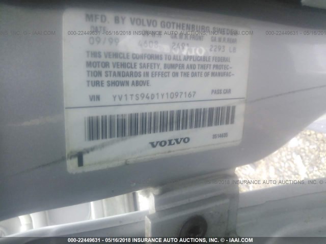 YV1TS94D1Y1097167 - 2000 VOLVO S80 SILVER photo 9