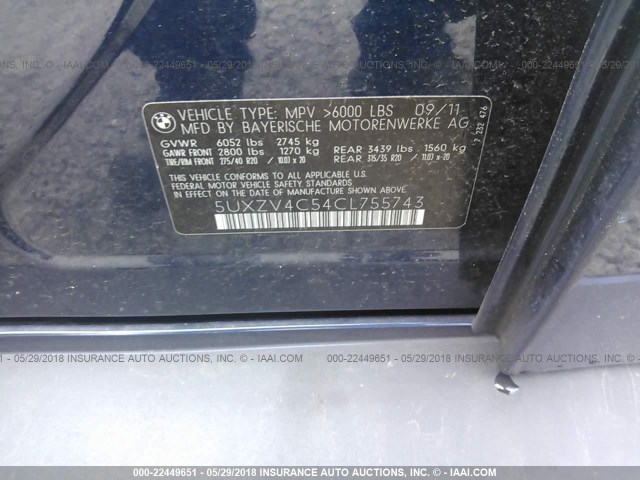 5UXZV4C54CL755743 - 2012 BMW X5 XDRIVE35I Mavi foto 9