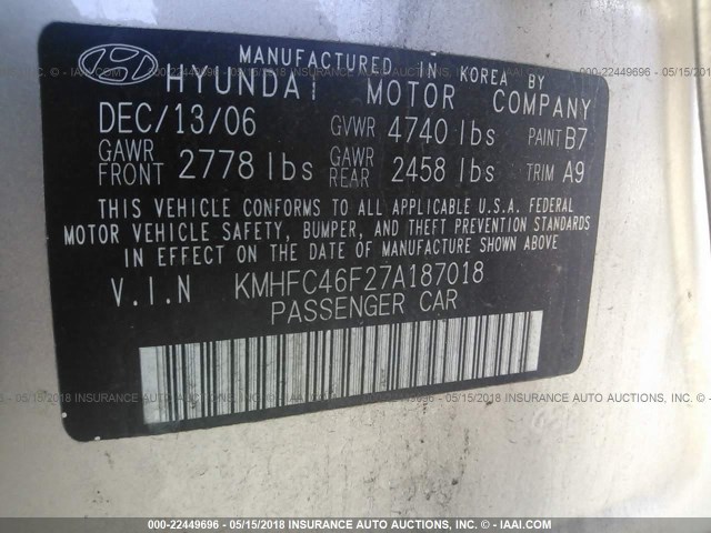 KMHFC46F27A187018 - 2007 HYUNDAI AZERA SE/LIMITED GOLD photo 9