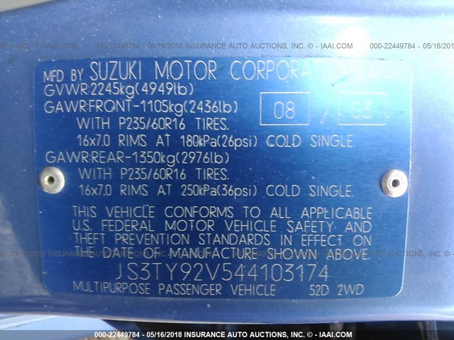 JS3TY92V544103174 - 2004 SUZUKI XL7 EX/LX BLUE photo 9