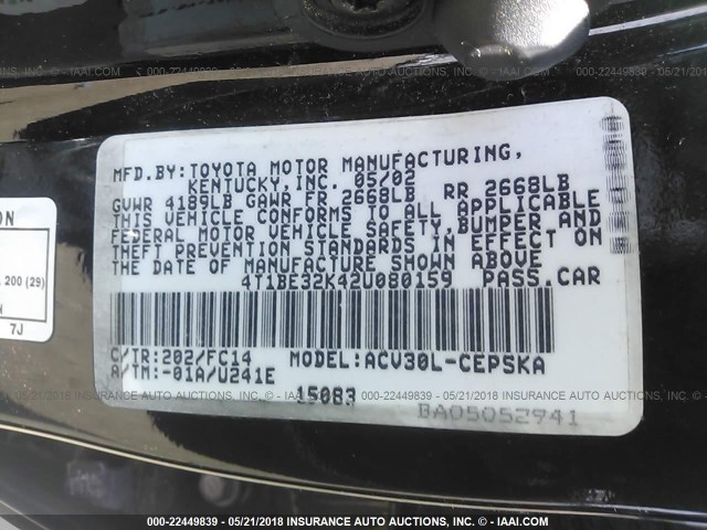 4T1BE32K42U080159 - 2002 TOYOTA CAMRY LE/XLE/SE შავი ფოტო 9