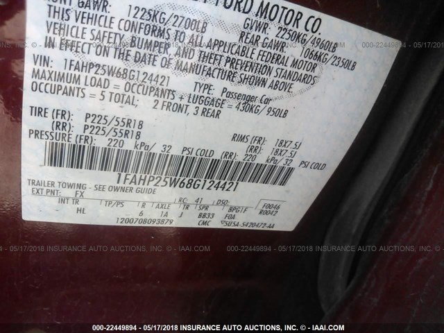 1FAHP25W68G124421 - 2008 FORD TAURUS LIMITED BURGUNDY photo 9