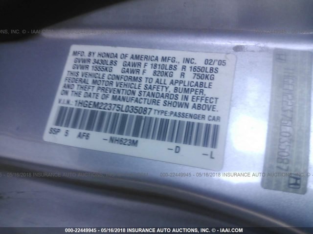 1HGEM22375L035087 - 2005 HONDA CIVIC DX VP 银色 照片 9