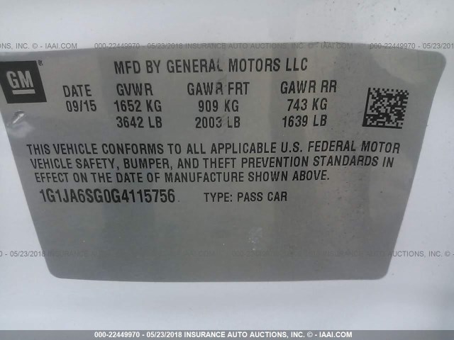 1G1JA6SG0G4115756 - 2016 CHEVROLET SONIC LS 白色 照片 9