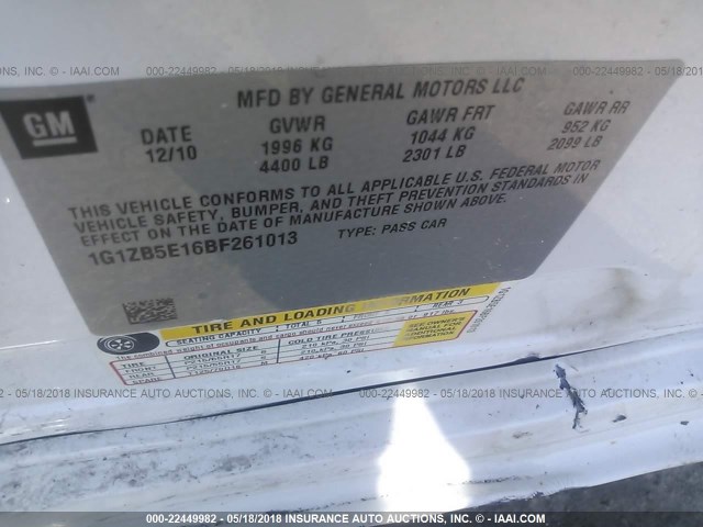 1G1ZB5E16BF261013 - 2011 CHEVROLET MALIBU LS 白色 照片 9