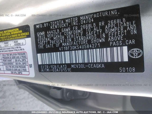 4T1BF30K54U584271 - 2004 TOYOTA CAMRY LE/XLE/SE ვერცხლისფერი ფოტო 9